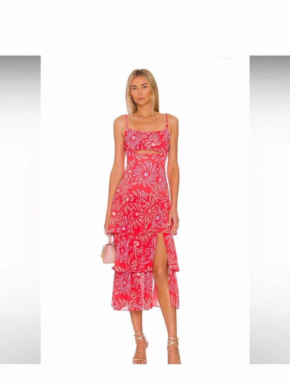 LIKELY Pink Floral Tiered Midi Dress with Side Slit